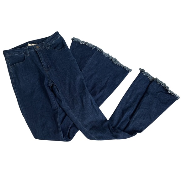 Altar'd State Denim - Altar’d State Bell Bottom Frayed Hem Dark Blue Jeans